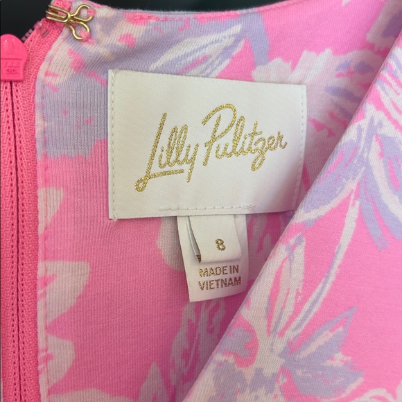 Lilly Pulitzer Lightweight V Neck Elbow Puff Sleeve Dress Pink Print Size 8 - Picture 2 of 6